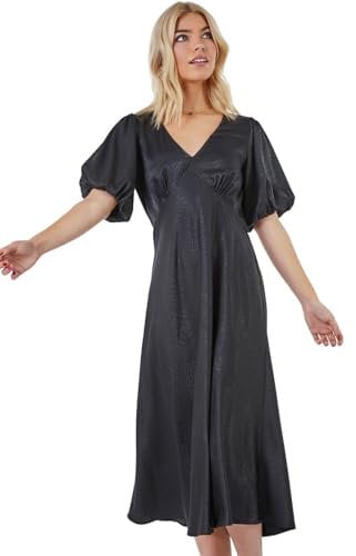 Roman Originals Puff Sleeve Satin Midi Dress for Women UK - Ladies Spring Everyday Summer Holiday V-Neckline Comfy Empire Waist Soft Frock Stretch Gowns - Black - Size 12