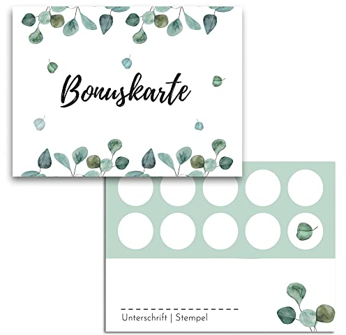 Blanko Bonuskarten zum Abstempeln - Hochwertige Stempelkarten für Unternehmen, Firmen & Gastronomie (50x Stück, Eukalyptus)