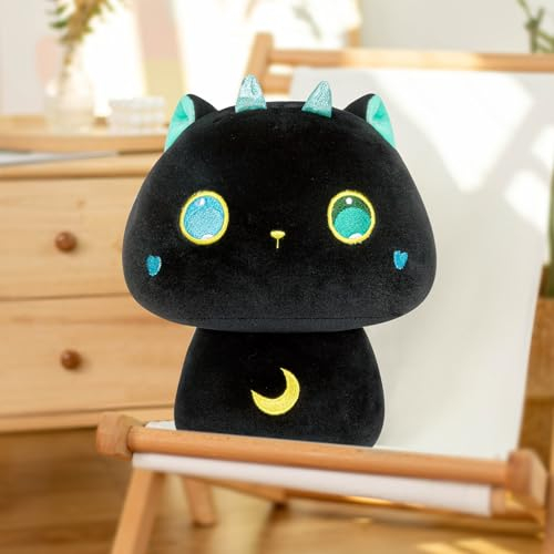 Mewaii Plüsch-Kissen, Kawaii, Kissen für Babys, Tiere, Spielzeug, Pilzform, bequem, Plüschkissen für Kinder ab 3 Jahren (36 cm, Schwarze Katze mit großen Augen)