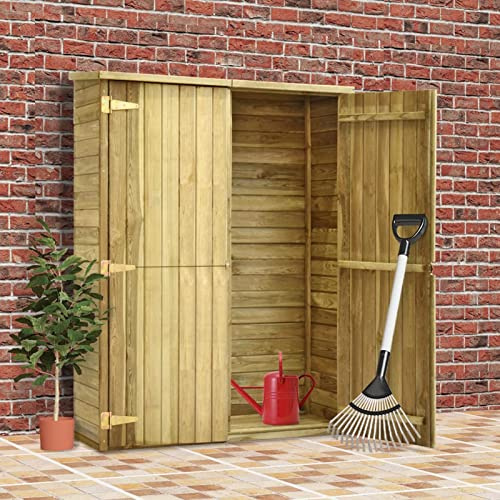 Keketa Geräteschuppen Gerätehaus mit 4 Regalen Gartenhaus Doppeltür Geräteschrank Garten Schuppen mit wetterfester Dachpappe für Balkon Terrasse 123x50x171 cm Kiefernholz Imprägniert