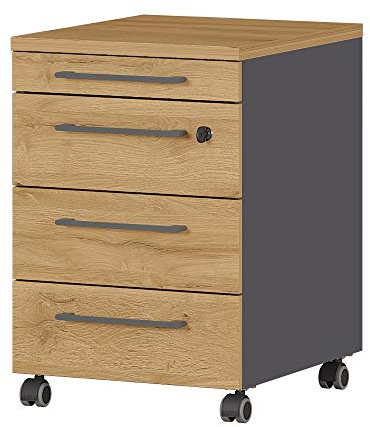GERMANIA DIE MÖBELMACHER Rollcontainer mit Vier Schubladen, Utensilienfach, feststellbare Laufrollen, in Graphit/Eiche, 42 x 61 x 40 cm (BxHxT)