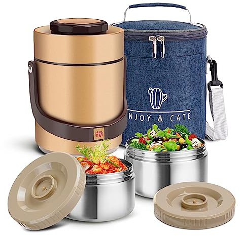 Pawovdeq Barattolo termico per alimenti caldi e bento, in acciaio inox, isolato sottovuoto, con apertura larga, per alimenti, per adulti, 1,5 l, con 2 ripiani, impilabili, contenitori per alimenti