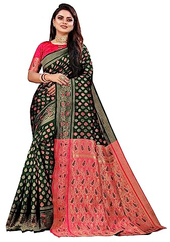 Vedant Vastram Sari di seta Banarasi & Kanjeevaram da donna Designer (Shrushti), Verde bottiglia.