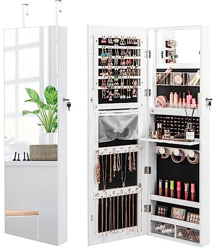 COSTWAY Armadietto Portagioie con Luci LED a 3 Colori, Specchio a Figura Intera, Specchio Portagioie da Parete e Porta con Specchietto Interno e Chiusura (Bianca)