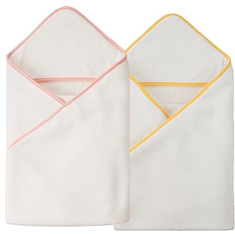 Polyte - 2 Capes de Bain bébé en Microfibres Premium - Capuche - hypoallergénique - Blanc avec Bordure Jaune et Rose - 91,4 x 91,4 cm