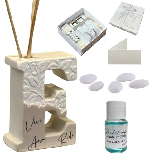 Regalami.shop bomboniera profumatore in marmo di Carrara completo di scatola, confetti, essenza, nastro e bigliettino (lettera e)