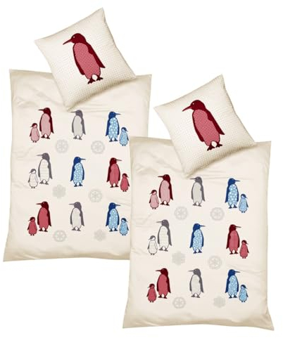 JACK by Fleuresse 4tlg. Fein Biber Bettwäsche 135x200cm Pinguin Rot Blau Grau Creme