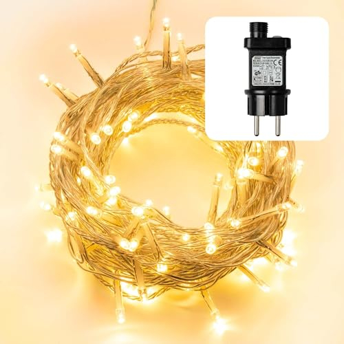 hellum LED Lichterkette außen, Lichterkette Timer warmweiß 160 LED, strombetrieben, 15,90m beleuchtete Länge mit transparentem Kabel, Innen und Außen <59 lm 150766