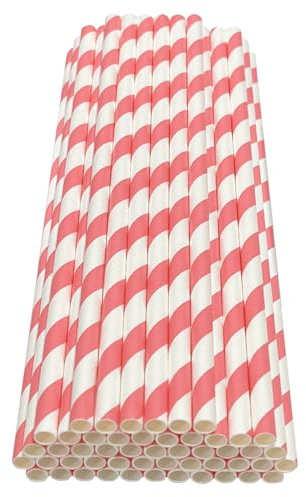 Haobase 50Pcs Paper Drinking Straws, Biodegradable Paper Straws for Drinking Cocktail, Coffee, Cold Drinks (Stripes Pattern) (White/Rose Stripes)