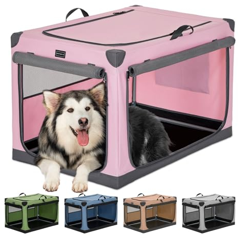 Petsfit Transportbox Hund, Verstellbarer Stoffbezug mit Spiraleisenrohr, Zusammenklappbare Hundebox Große Hunde mit 3 Tür-Design, Einfach zu Transportieren, Leicht zu Verstauen, XL, Rosa