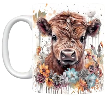 Highland-Kuh-Tasse, 325 Ml, Keramik-3D-Tasse Für Highland-Kuh-Liebhaber, 3D-Kuh-Kaffeetasse Mit Lebendigen Blumen, Tassen Für Frauen, Bauernhof-Tasse, Heimdekorations-Tasse