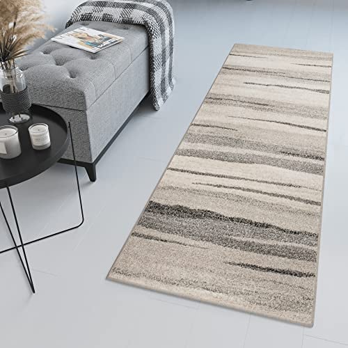 TAPISO Sari Teppich Läufer Flur Grau Beige Kurzflor Modern Streifen Meterware Brücke nach Maß Küche Wohnzimmer Schlafzimmer ÖKOTEX 100 x 330 cm