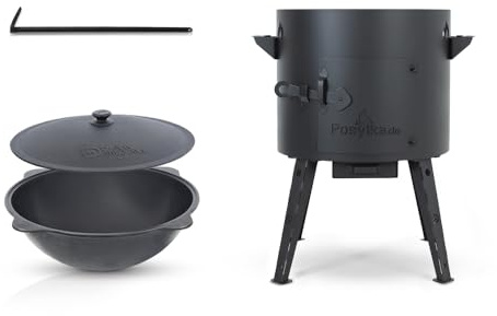 Utschak - Horno de fuego con olla de hierro fundido con base redonda con tapa (12 L) Kazan KazanoFF, Учаг, exterior, brasero, camping, kazán, cañón de goulash, horno holandés (Set 1-12)
