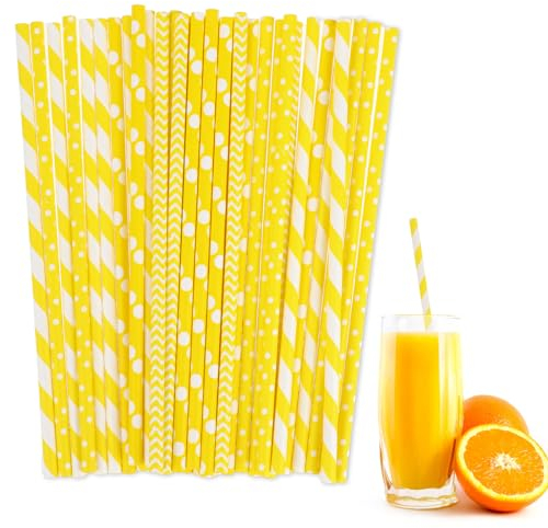 Yellow Paper Straws, Disposable Drinking Straws, 100Pcs of Lemonade Party Decorations for Party Supplies, Birthday, Wedding, Bridal Shower, Juice, Shakes, Smoothies, Buffet, Dinner, Bar