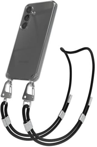 EAZY CASE - Handykette mit Karabiner kompatibel mit Galaxy S24 - Hülle Silikonhülle Fallschutz transparente Handyhülle Kette zum Umhängen Schutzhülle in Schwarz - Clips Silber