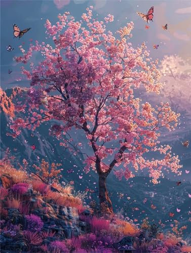 Diamond Painting Kirschbaum 5D DIY Diamond Painting 60x80cm,Schmetterling Diamond Painting Erwachsene Bastelset,Full Eckige Diamant Art Painting Stickerei Set,Zimmer Deko Wohnzimmer,Geschenk -Y1199