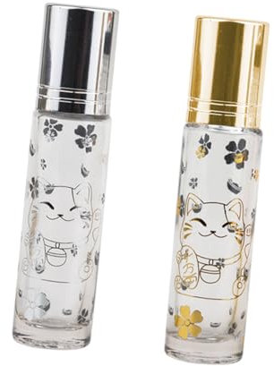 Beatifufu 10ml Cat Pattern Diy Essential Oil Perfume Roller Bottle Set 2pcs Glass Stainless Steel Balls Leakproof