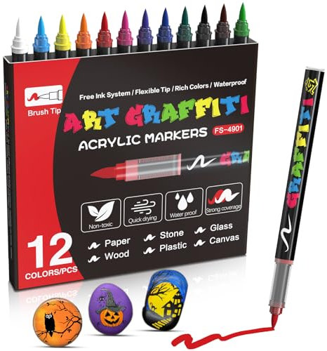 Risiours Acrylic Markers Paint Pens Waterproof Permanent for Rock Metal Wood Ceramic Glass or Fabric, Versatile Acrylic Markers 12 Colors