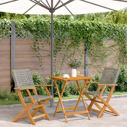 FENLAX 3-TLG. Bistro-Set Grau Poly Rattan und Massivholz Terrassetisch Gartenmöbel Set Gartengarnitur Gartentisch mit Stühlen Klapp Möbel Outdoor Möbel Terrassenmöbel Esszimmergruppe