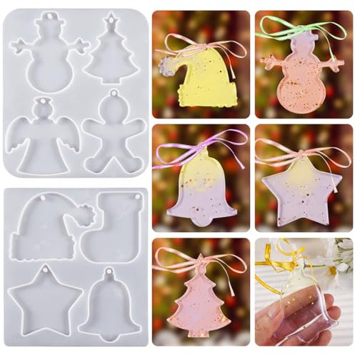 Voyyphixa 8 Pezzi stampi Resina di Natale Stampo per ciondoli in Silicone Decorazioni per Albero di Natale Fai da Te Pupazzo di Neve Angelo Stella Campane Christmas Resin Mold