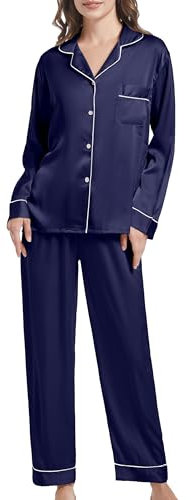 SHCNSJC Pigiama Seta Donna Pigiama Lungo da Donna, Pigiami Due Pezzi Donna Manica Lunga con Bottoni, Pigiama da Donna in Raso, Pigiama Donna Invernale, Set Pigiama da Notte S-XXL
