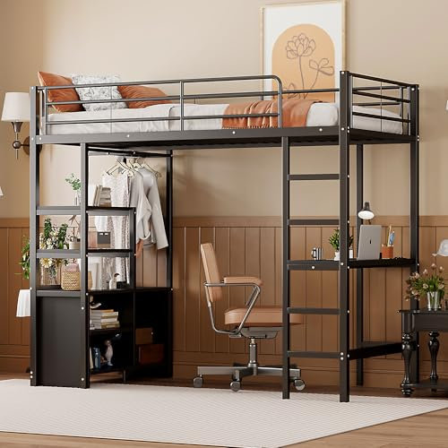 Merax Kinderbett Hochbett 90x200cm, Hochbett mit Schreibtisch und Schrank, Hochbett mit Treppe, Jugendbett Bettgestell mit Steckdose und USB, Schwarz(Ohne Matratze)