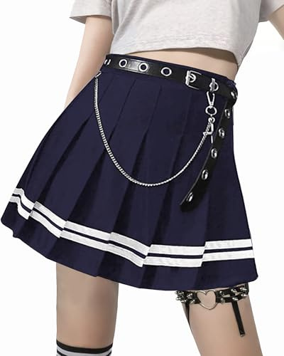 Punk Kreuz Druck Dunkel Mini Röcke Kette Gürtel Schwarz Uniform Faltenrock