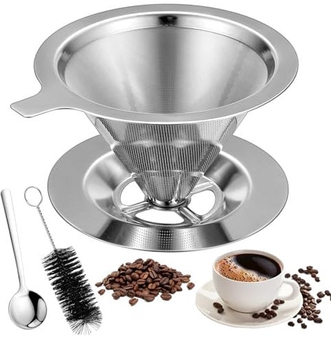 Pour Over Coffee Dripper, Stainless Steel Pour Over Coffee Filter, Reusable Drip Coffee Filter Cup, Paperless Mesh Cone Coffee Filter for Pour Over Coffee Maker, with Brush and Spoon