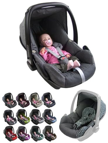 BambiniWelt Ersatzbezug Babyschale – 5-teiliges Set kompatibel mit Maxi-Cosi Pebble Babyschale, inkl. Sitzbezug, Gurtpolster, Sonnenverdeck & Kopfstütze, Farbe: meliert grau-dunkelgrau