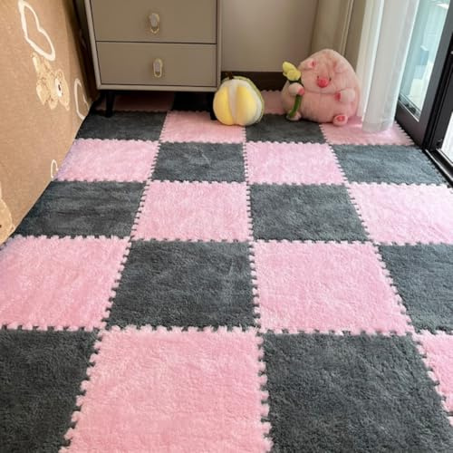12Pcs Interlocking Carpet Tiles,12x 12 Plush Interlocking Foam Carpet Tiles with Border,Fluffy Play Mat Floor Tiles Thick Padded Squares Foam Tiles for Playroom Decor (Pink+Grey)