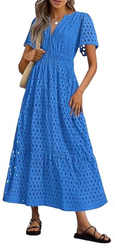 Summer Maxi Dresses for Women UK Wedding Guest Dress Short Sleeve Casual Boho V Neck Hollow Out Eyelet Ruffle Swing A Line Cotton Long Flowy Beach Vacation Evening Dresses
