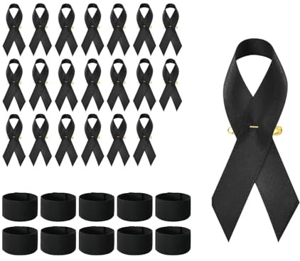 Ceeyoll 20 Stück Anstecknadel für Trauer,10 Trauerarmbänder, Schwarze Satinbroschen und Elastische Trauerarmbinden Satz,Trauer und Kondolenz Schleifen um Beileidsbekundung zu Zeigen.