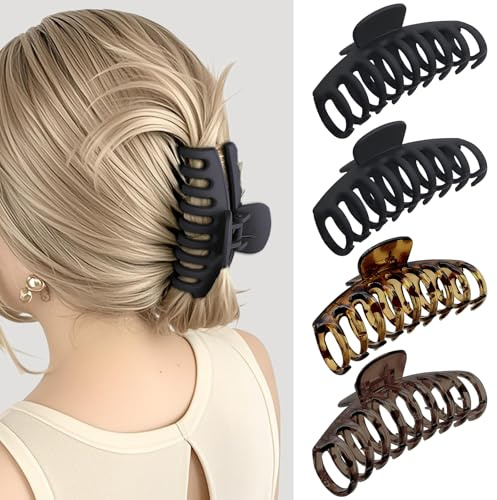 PUSCOBSY Haarklammer Groß für Dickes Haar, Haarklammern 11 cm Rutschfest Haarspange 4 Stück Starker Halt Haarspangen für Damen, Schwarz/Leopard Dunkelbraun/Leopard Hellbraun