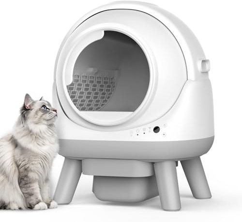 ELS PET Selbstreinigende Katzentoilette, Sicherheitsschutz, App-Kontrolle, geruchlos, mit Katzenstreu-Matte und Abfallbeuteln für mehrere Katzen (Weiß und Grau)