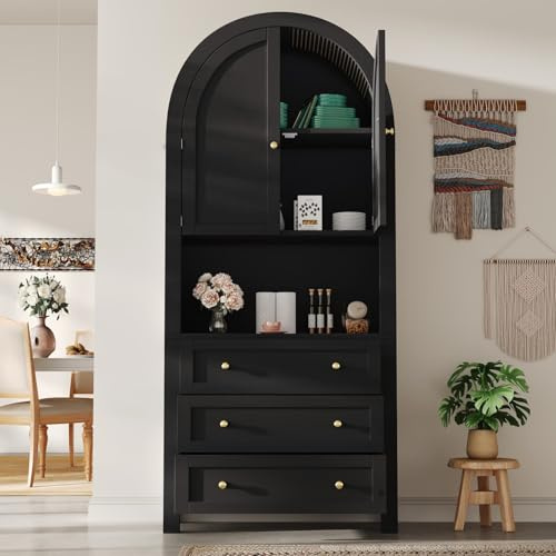 PUGSDRLY Buffet Haut Salon avec 2 Portes et 3 Tiroirs,Buffet Salle a Manger en Forme d'arc,Meuble de Cuisine Rangement,Armoire de Rangement avec Zone d'exposition Ouverte (Noir, 70x35x180cm)