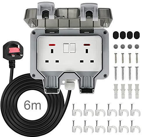 Outdoor Socket, Outdoor Double Plug Sockets with 6M Extension Cable, IP66 Weatherproof Wall Electrical Outlets with On-Off Switch and Indicator Light,Outside Plug Socket for Garden Garage Yard