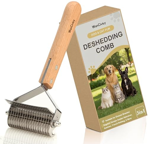 3-in-1Dematting & Deshedding Comb Undercoat Rake for Cats& Dogs，Detangling Matted Fur & Hair Remover Tool Pet Grooming Rake for Shedding and Dematting，Ergonomic beech wood handle (Square Handle)