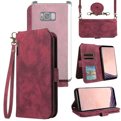 Asuwish Custodia per Samsung Galaxy S8 Plus Custodia a portafoglio con pellicola protettiva in vetro temperato per lo schermo a tracolla con cordino flip porta carte S8plus S 8 8plus 8S Edge S8+