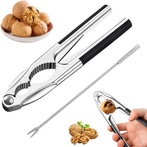 Cascanueces Profesional de Acero Inoxidable, Rompenueces Manual con Mango Antideslizante y Pincho, Partidor de Nueces para Nueces, Avellanas, Almendras, Castañas, Nueces de Macadamia y Pecanas