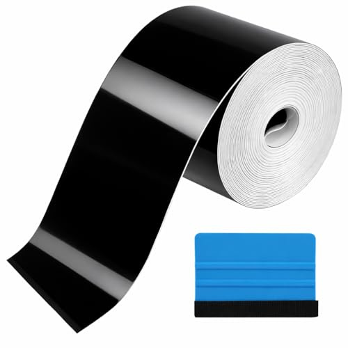 1PCS High Gloss Black Vinyl Wrap Tape 5cm x 10m, Automotive Car Vinyl Wrap Roll for Chrome Delete, Window Trim, Door Sill, Exterior Detailing, Waterproof Black Film with Free Application Tool Kit