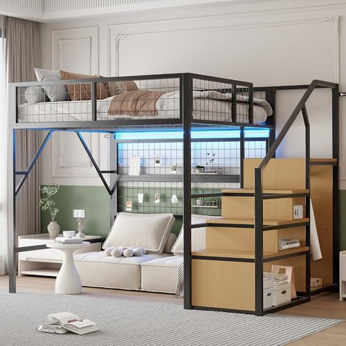 Merax Hochbett 140x200 Metall mit Treppe & Stauraum, LED Bett mit APP Steuerung, Loftbett mit Kleiderschrank & Regalfächern, Jugendbett Kinderbett platzsparend, Schwarz, ohne Matratze