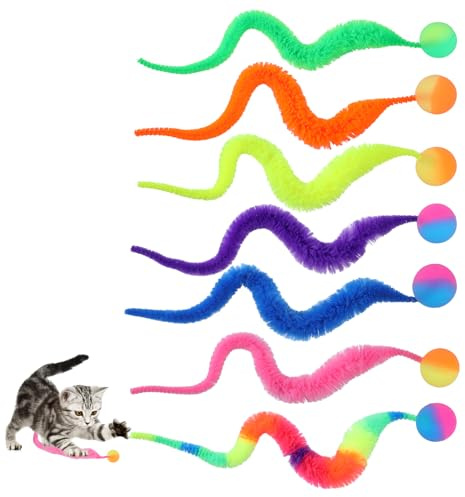 Elegaperma 7 Stück Hüpfbälle für Katzen, Flauschiger Wurm, Katzenspielzeug Wurm mit Ball, Interaktives Katzenspielzeug in Wurmform, Gastgeschenk für Haustierpartys, Regenbogenfarben (Bunt)
