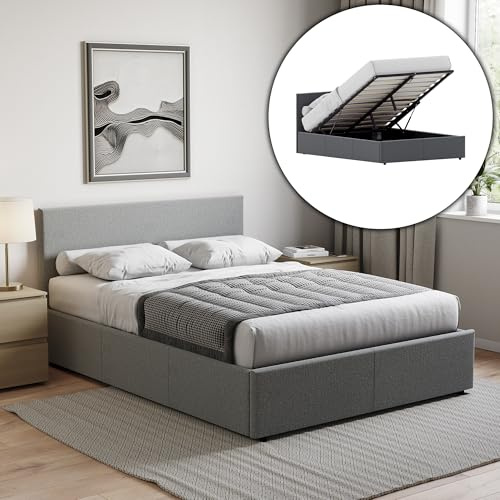 Vida Designs Veronica Double Ottoman Bed Frame with Mattress | Light Grey Linen | 82 H X 144 W x 200 D cm (4ft6) | Upholstered Linen Headboard | Gas-Lift | Large Storage | Slatted | Premium Furniture