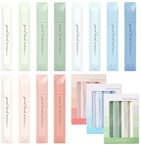 NINGYER 12 Stück Doppelseitiges Klebestift, 6 mm x 5 m Kleberoller Stift | Kleberoller Stift Doppelseitige für Fotoalben, Bastelarbeiten, Büros, Schulen, Wohndekoration (Blau, Grün, Rosa）