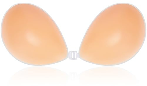 CatoFree Push Up Stick On Bra, Reusable Sticky Adhesive Silicone Bra with 2Pcs Nipple Covers for Evening Dress, Wedding Dress and Backless Strapless Clothing (UK, Cup & Band, D, Beige)