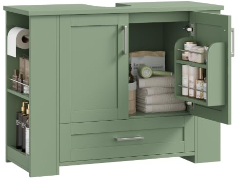 FOREHILL Waschbeckenunterschrank Unterschrank 80x30x63,5cm, Grün | Badezimmerschrank mit 2 Türen, Türfächer, 1 Schublade und mit offenen Fächern, Metallstange