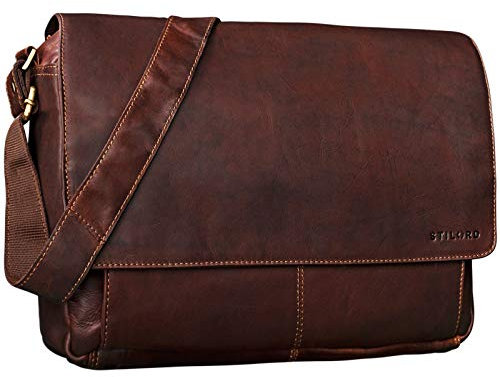 STILORD 'Lonzo' Vintage Umhängetasche echtes Büffel-Leder Messenger Bag für Herren und Damen Unitasche Büro Business Studium Leder, Farbe:cognac - dunkelbraun