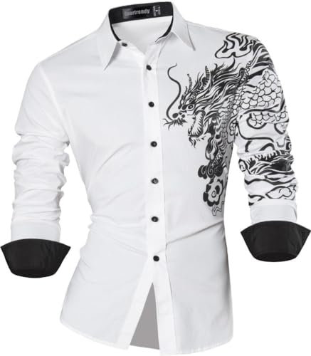 Sportrendy Men Casual Slim Dragon Tattoo Long Sleeve Button Down Dress Shirt JZS041 White L
