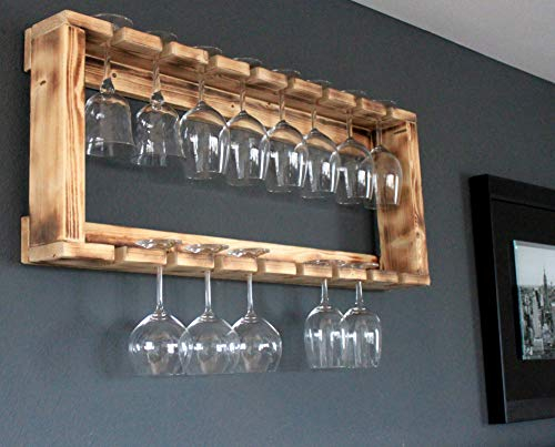 Portabicchieri da Vino in Legno Massiccio - Colore: Fiammato - Dimensioni (HxLxP): 36 cm x 90 cm x 12 cm - Portabicchieri da Vino e Champagne Vintage abbinati