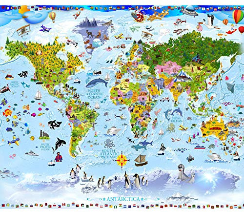 decomonkey - Papier Peint Panoramique Enfants Carte du Monde 250x175 cm - Décoration murale - Pour les enfants drapeaux colorés continents cartes plantes monde animaux enfant d'âge préscolaire